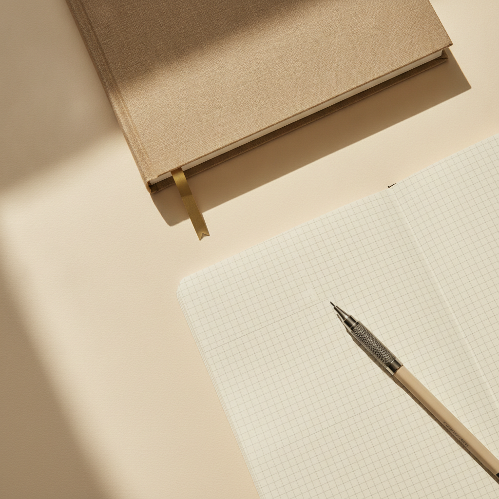 Moodboard: warmes Papier, Fachbuch, Messing-Lesebändchen